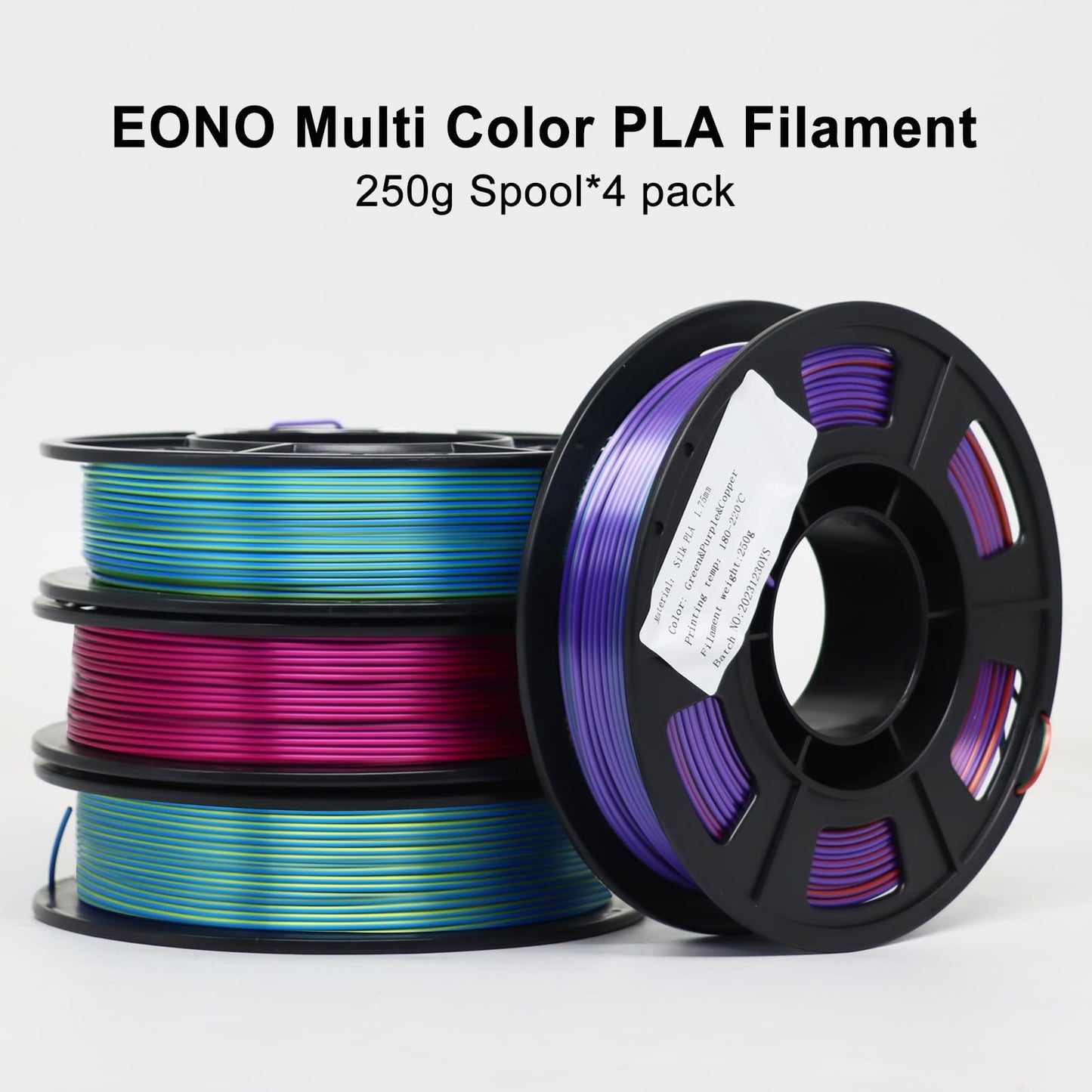 Eono PLA Filament 1.75mm Tricolor PLA 3D Printer Filament Coextrusion PLA Filament Like Rainbow PLA, 250g*4 Filament Sample Pack. 09 Multi Color PLA