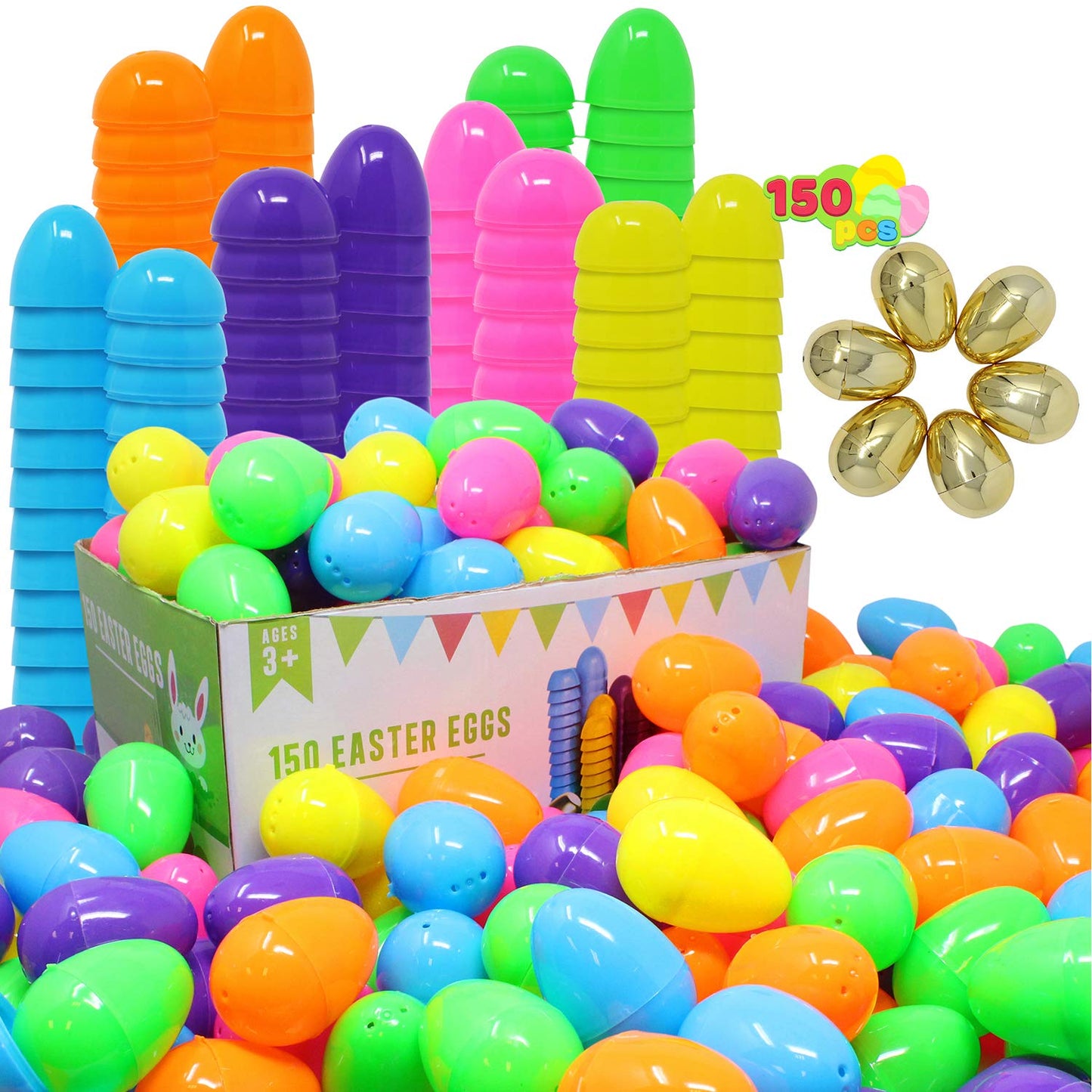 JOYIN 144 Pieces 2 3/8" Easter Eggs + 6 Golden Eggs for Filling Specific Treats, Easter Theme Party Favor, Easter Eggs Hunt, Basket Stuffers Filler, Classroom Prize Supplies Toy