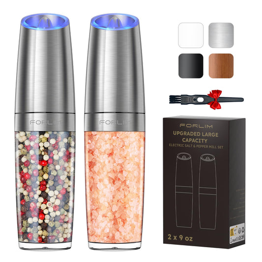 FORLIM Electric Salt and Pepper Grinder Set, 9 oz Capacity, 2024 Updated 4 AAA Battery-Operated One-Hand Automatic Gravity, Adjustable Coarseness, with LED Light, Pack of 2, Stainless Steel (Silver) Silver