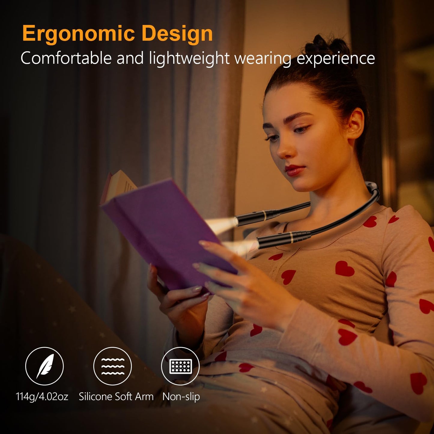 Gritin Neck Reading Light Rechargeable, Book Light Lamp for Reading in Bed, 3 Colors Eye-Protecting Modes, USB C Rechargeable, 80+ Hrs Runtime, Comfortable & Flexible Ergonomic Neck Round Design Black