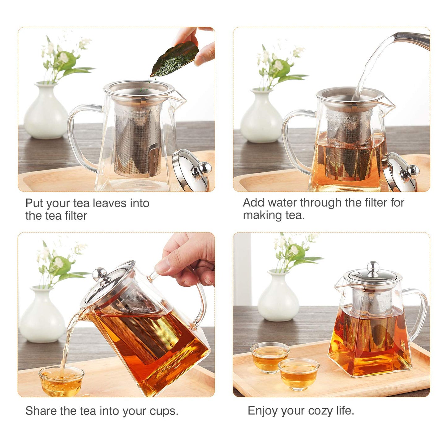 Pluiesoleil 500ML Borosilicate Glass Teapot, Loose Leaf Teapots with Infuser, Square Tea Pot with Strainer, Stovetop Microwave Safe Teapot for 2