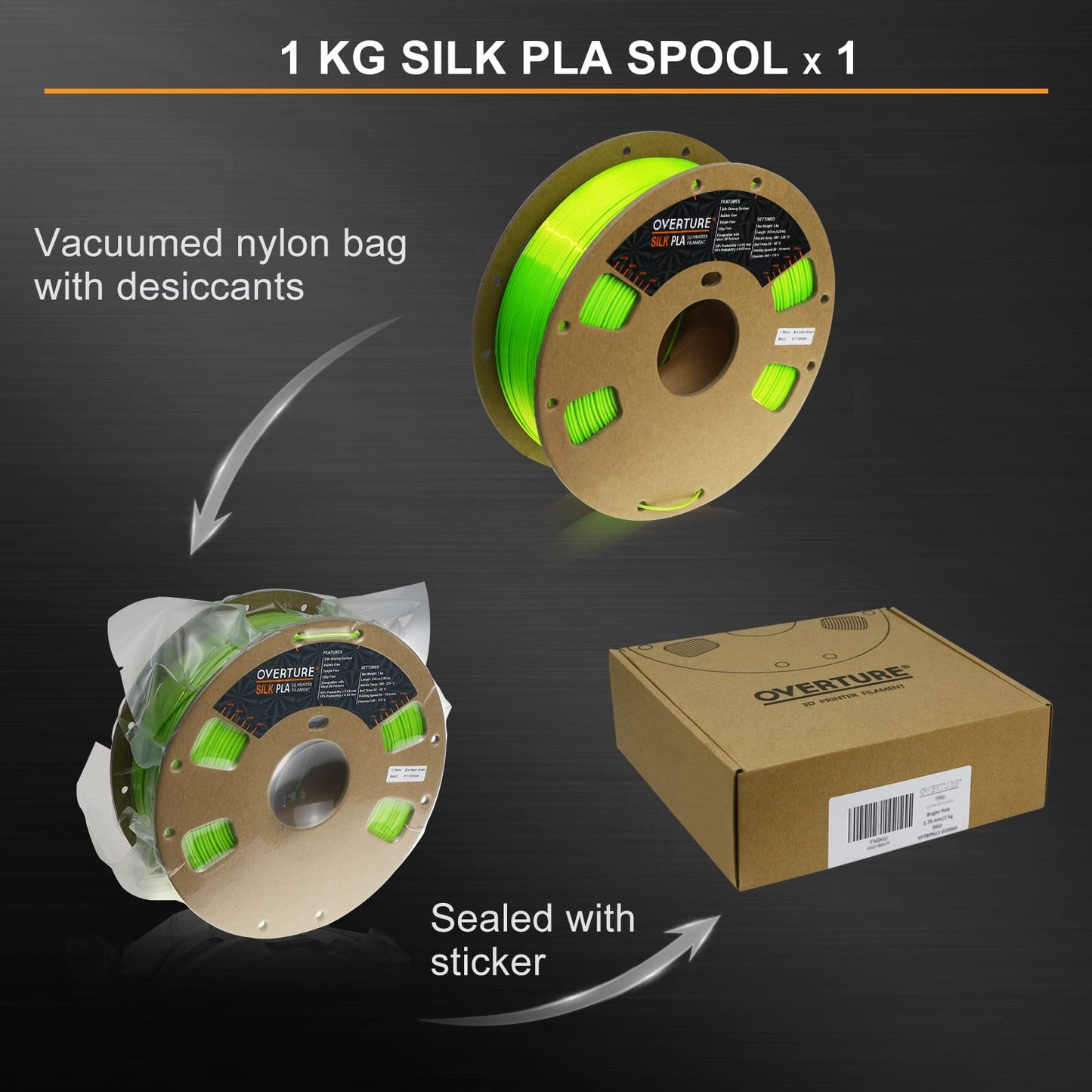 OVERTURE Silk PLA Filament PLA Silk 1.75mm Clog-Free Shiny 3D Printer Consumables, 1kg Spool (2.2lbs),Dimensional Accuracy +/- 0.05mm(Silk Neon Green) Silk Neon Green