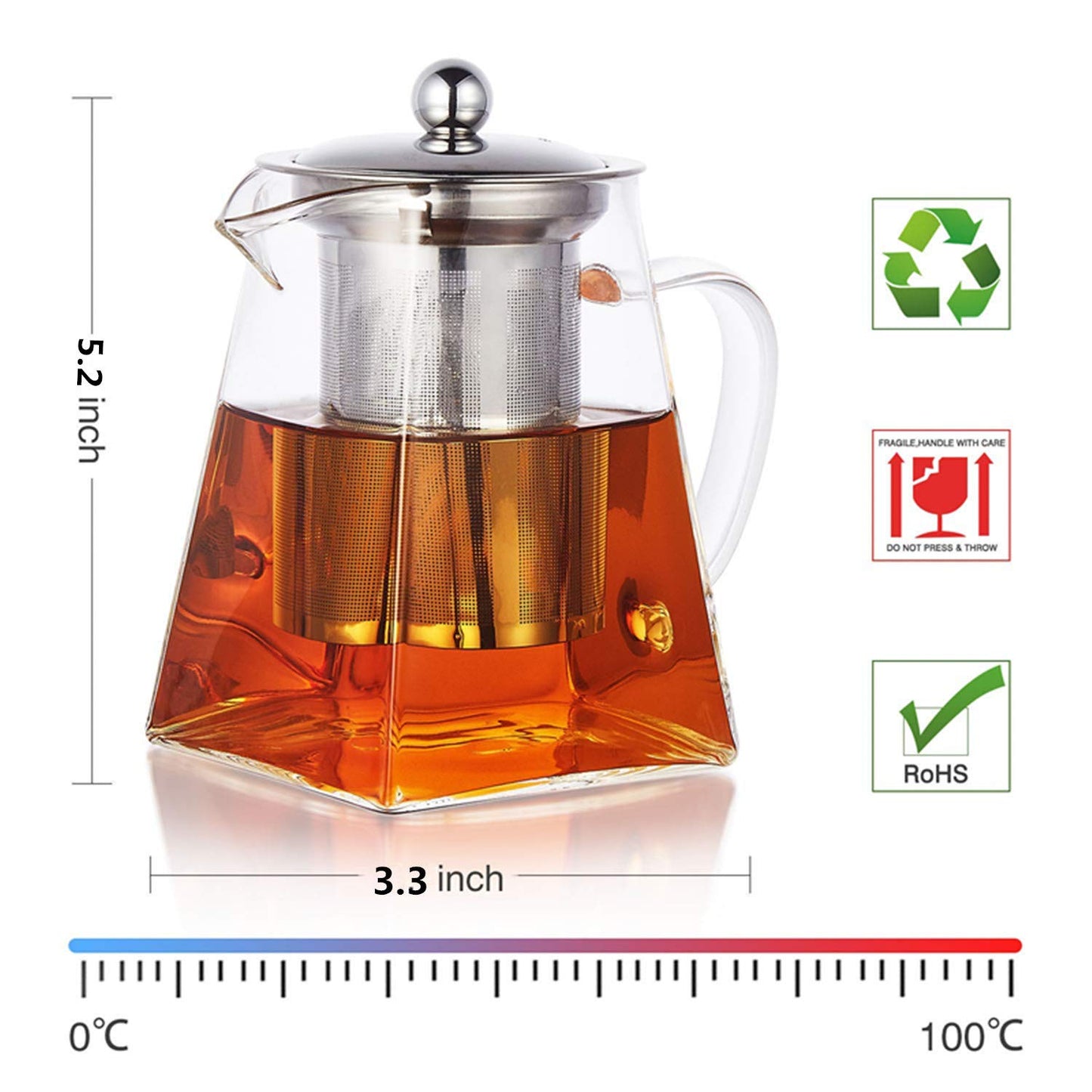 Pluiesoleil 500ML Borosilicate Glass Teapot, Loose Leaf Teapots with Infuser, Square Tea Pot with Strainer, Stovetop Microwave Safe Teapot for 2