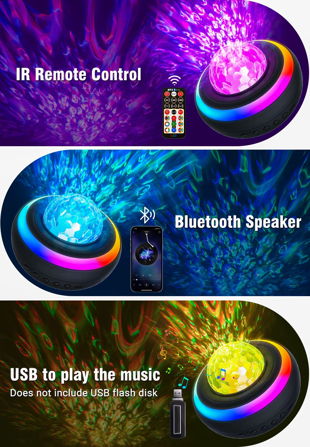 Galaxy Projector Night Light - LED Projector Music Bluetooth Speaker and Remote Control Ocean Wave Lights Lamps Ceiling Projector Light Music Night Light USB-2