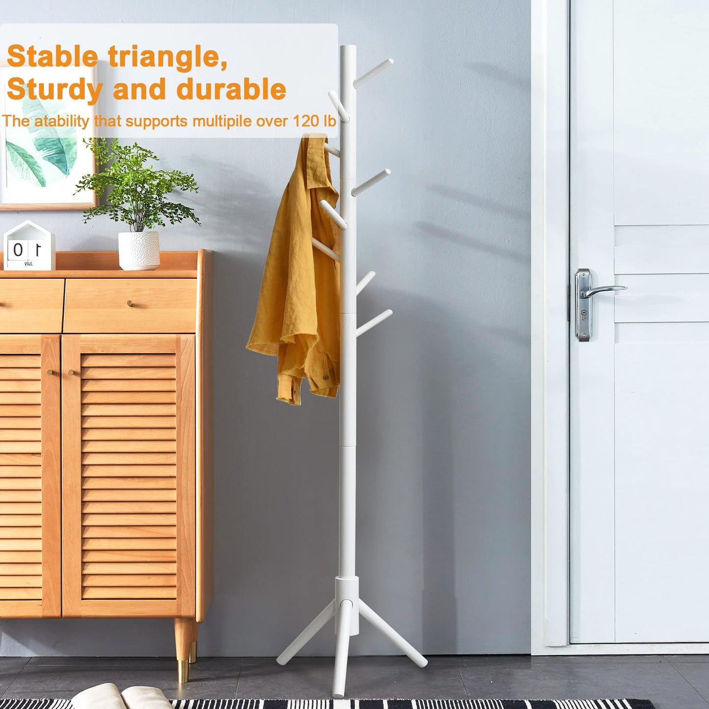 IBUYKE Wood Coat Rack Free Standing, Entryway Hall Tree Coat Tree, Coat Tree with 8 Hooks, for Home or Office Clothes, Scarves, Handbags, White RF-1194 Triangle