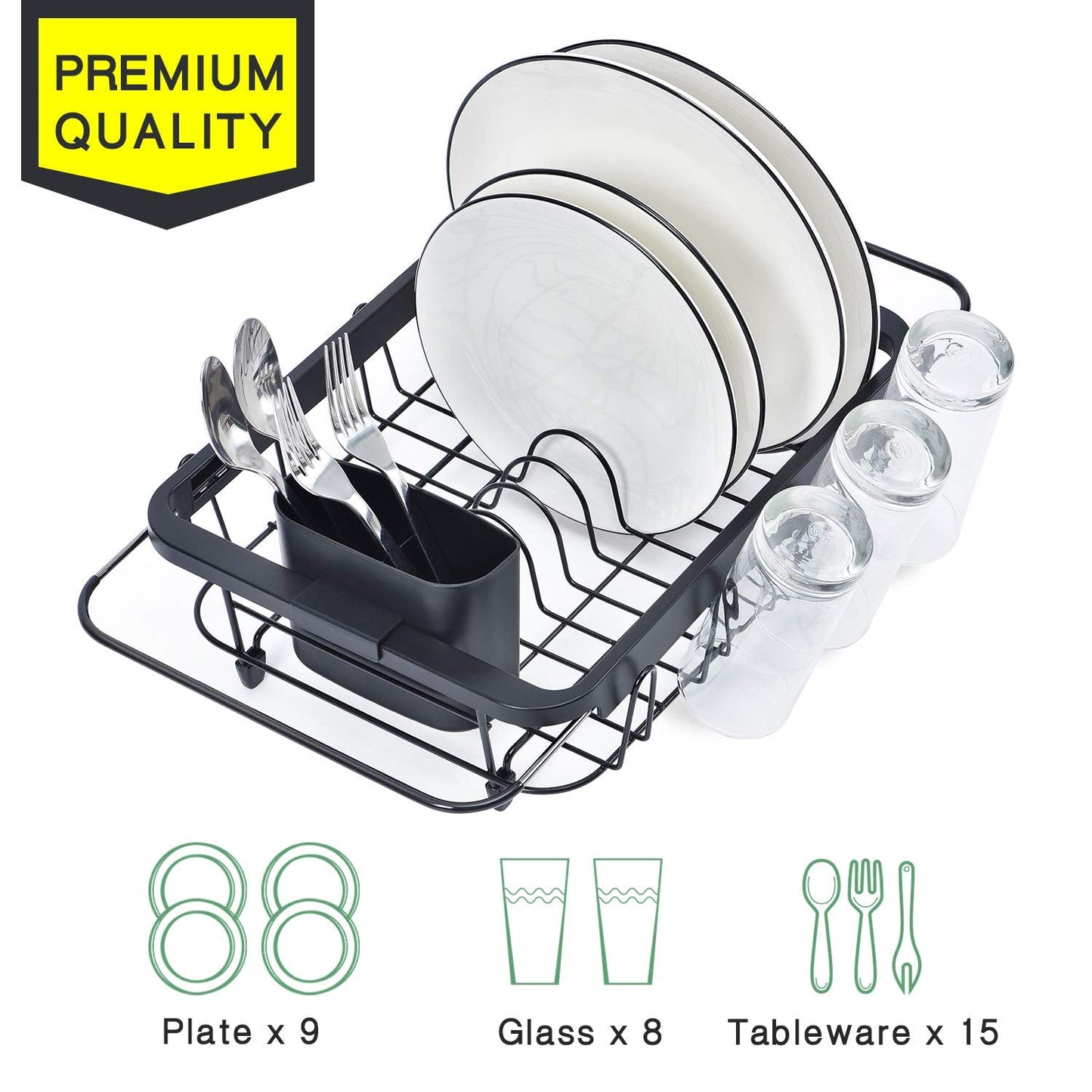 Kingrack Dish Sink Drainer, Dish Drying Rack Over Sink, Extendable Dish Drainer Black With Removable Cutlery Holder, Glass Holder,Dish Rack in Sink or On Counter, Plate Rack Drainer for Kitchen, Black M