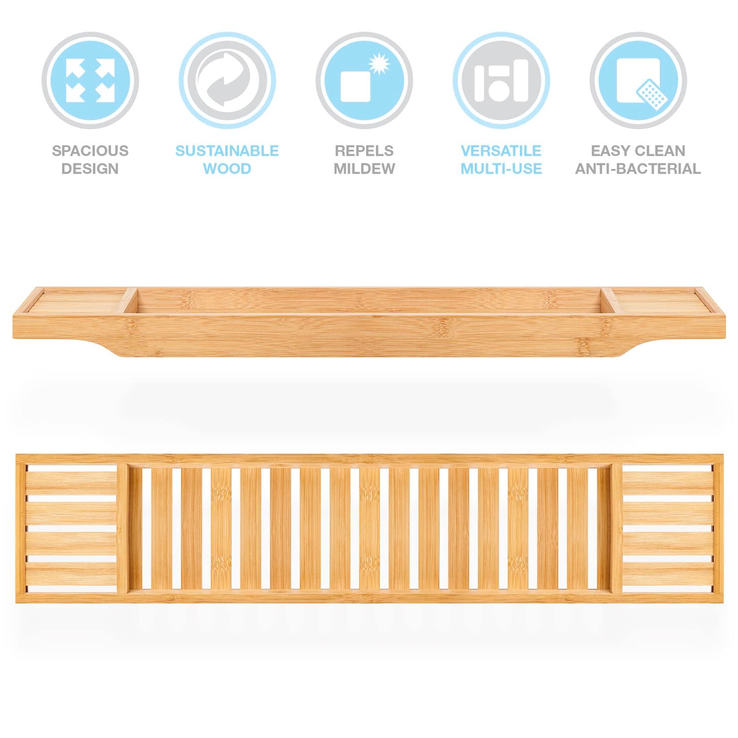 woodluv Slimline Bamboo Bathtub Caddy Tray Bridge Wooden Bath Rack Bathroom Accessory Bath Shelf Over Tub Bathroom Board Storage Shelf Tidy Relax Organiser, 70 x 14.5 x 7.5 cm - Natural