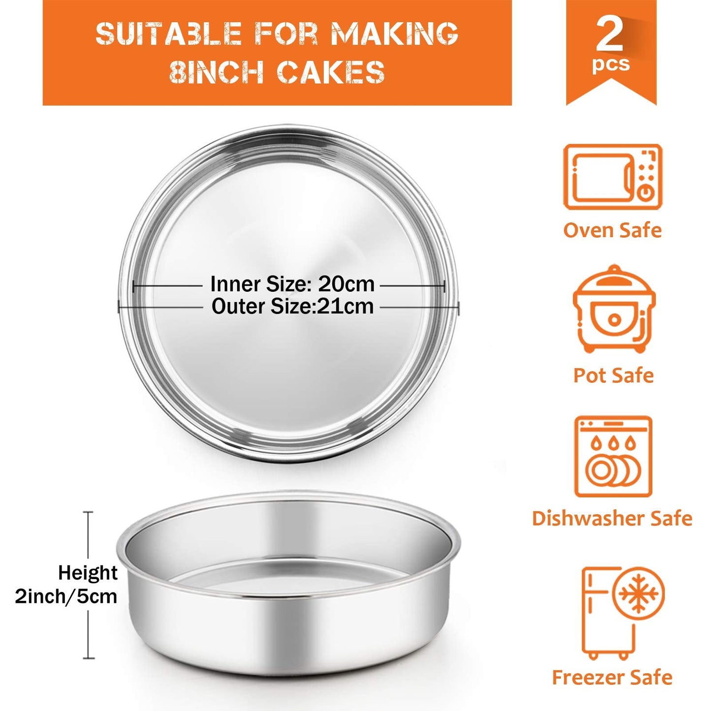 Homikit 8 Inch Round Cake Tin Set of 3, Stainless Steel Cake Mold Layer Cake Tins for Baking, Christmas Birthday Wedding Cake Pan Bakeware Set, Healthy & Mirror Finished & Dishwasher Safe