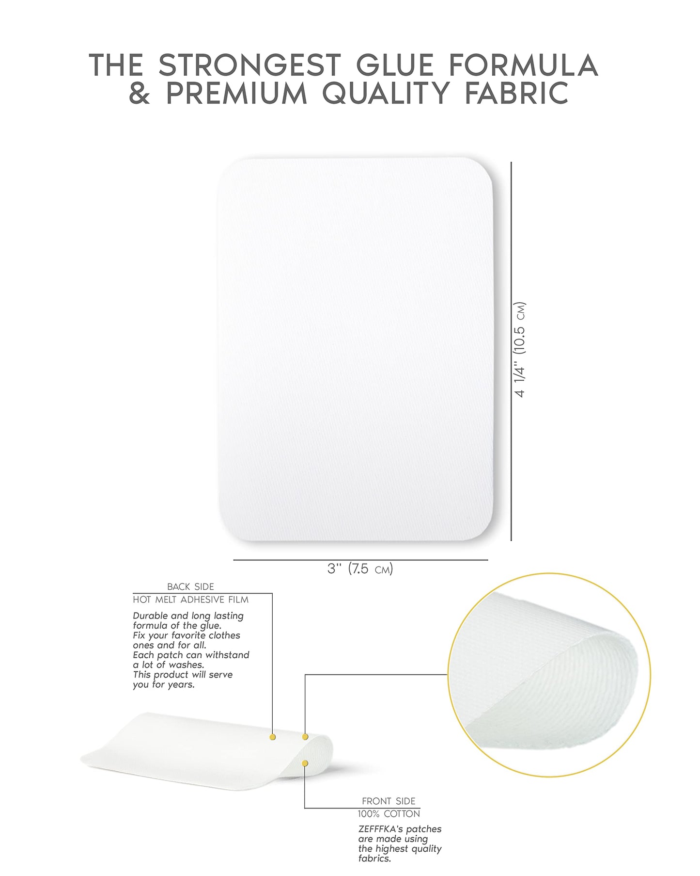 ZEFFFKA Premium Quality Fabric Iron-on Patches Inside & Outside Strongest Glue 100% Cotton White Repair Decorating Kit 12 Pieces Size 3" by 4-1/4" (7.5 cm x 10.5 cm)