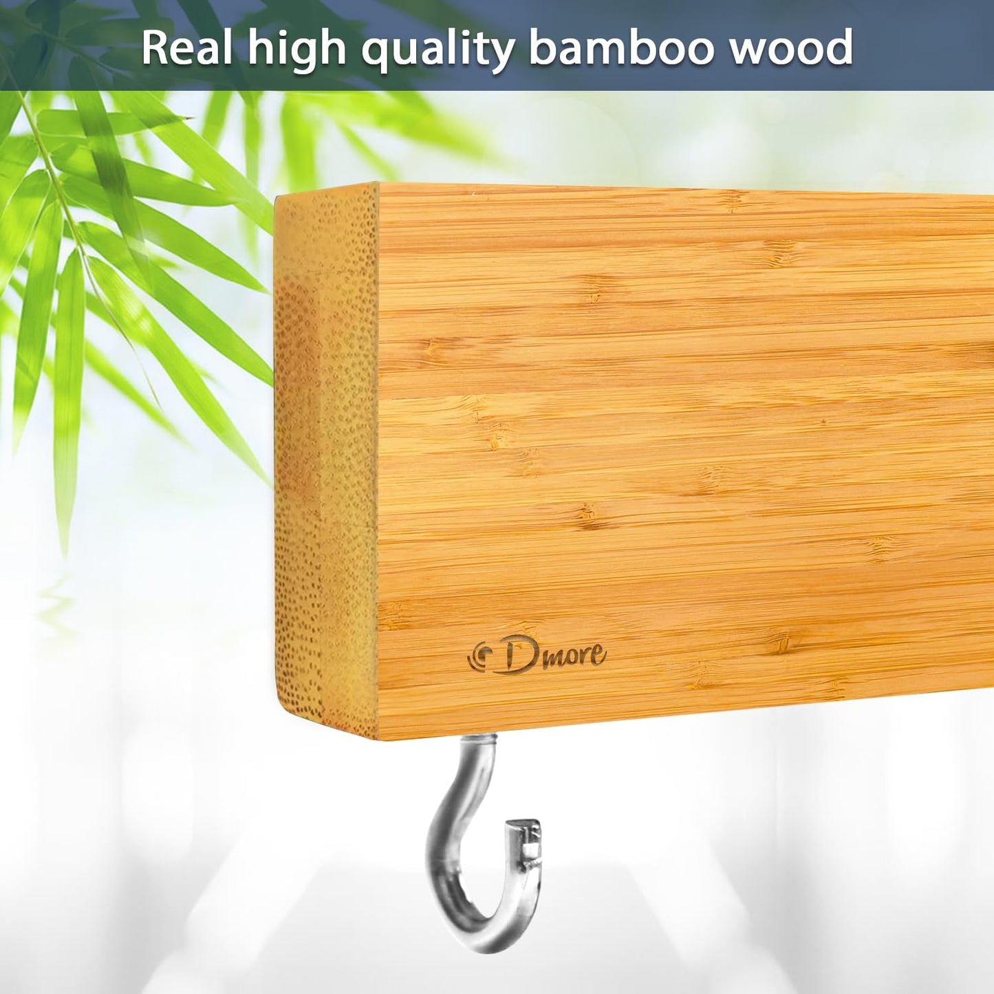 Dmore Bamboo Magnetic Knife Strip with 2 Hooks, 40 cm Knife Holder, Magnetic Extremely Self-Adhesive Magnetic Knife Holder Wood for a Tidy Kitchen Bamboo, 40cm