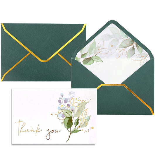 Heavy Duty Greenery Thank You Cards with Envelopes - 36 PK - Thank You Notes with Gold Foil Letterpress 4 x 6 Inches Blank Note Cards for Wedding Bridal Shower Baby Shower Card Business Green