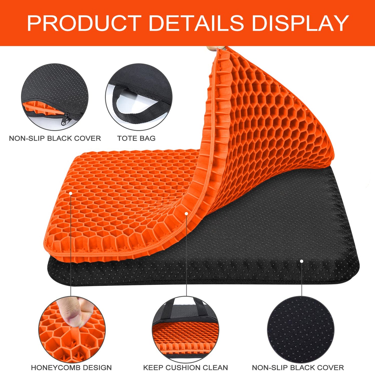 Fzitiy 2023 NewLarge Gel Seat Cushion, Honeycomb Design Double Thick Egg Gel Cushion with Relieving Back coccyx Pain Pressure for Car Office Home Wheelchair&Chair (Orange-xL) Orange-xl