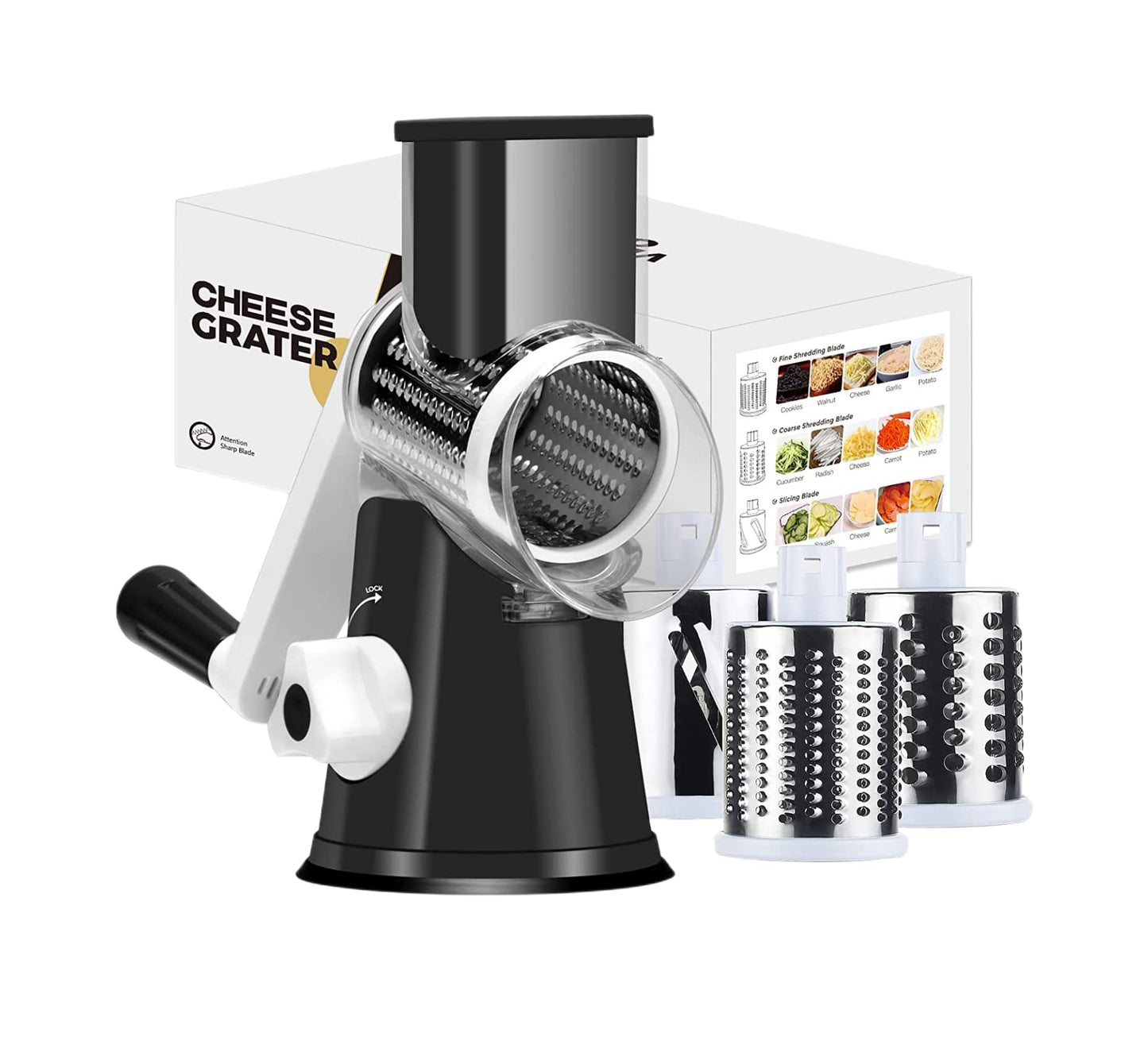 Ourokhome Rotary Cheese Grater Vegetable Slicer - Rotary Round Drum Grater Chopper with 3 Stainless Steel Drums Strong Suction Base (Black) Black