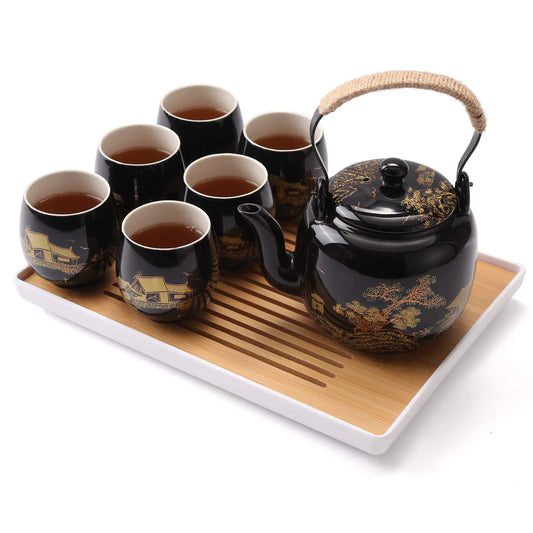 Dujust Japanese Tea Set, Black Porcelain Tea Set with 1 Teapot Set, 6 Tea Cups, 1 Tea Tray, 1 Stainless Infuser, Beautiful Asian Tea Set for Tea Lover/Women/Men (Countryside in Golden) - Black