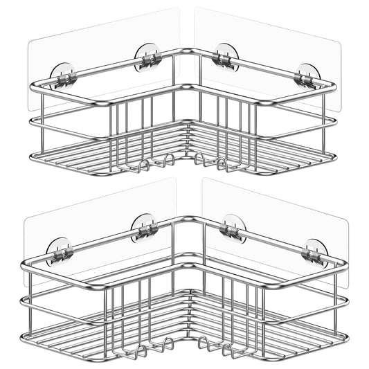 Menbyci Silver Corner Shower Caddy,Adhesive Shower Shelf with Hooks, Stainless Steel Rustproof Bathroom Storage Organizer Rack,No Drilling Shower Shampoo Holder Wall Mounted,2-Pack 2 Packs