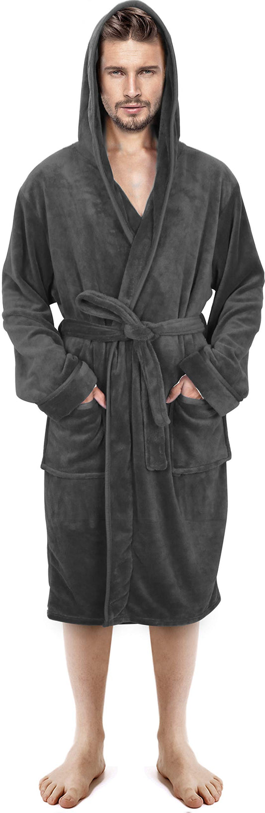 NY Threads Luxury Men’s Hooded Dressing Gown | Super Soft Men’s Fleece Robe | Cozy Hooded Plush Loungewear M Grey