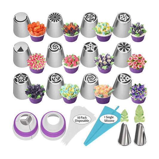 Russian Piping Nozzles Set 12 Russian Cake Decorating Nozzles 2 Small Flower Nozzles 2 Couplers 10 Disposable Bags 1 Icing Bag Cake Decorating Tools