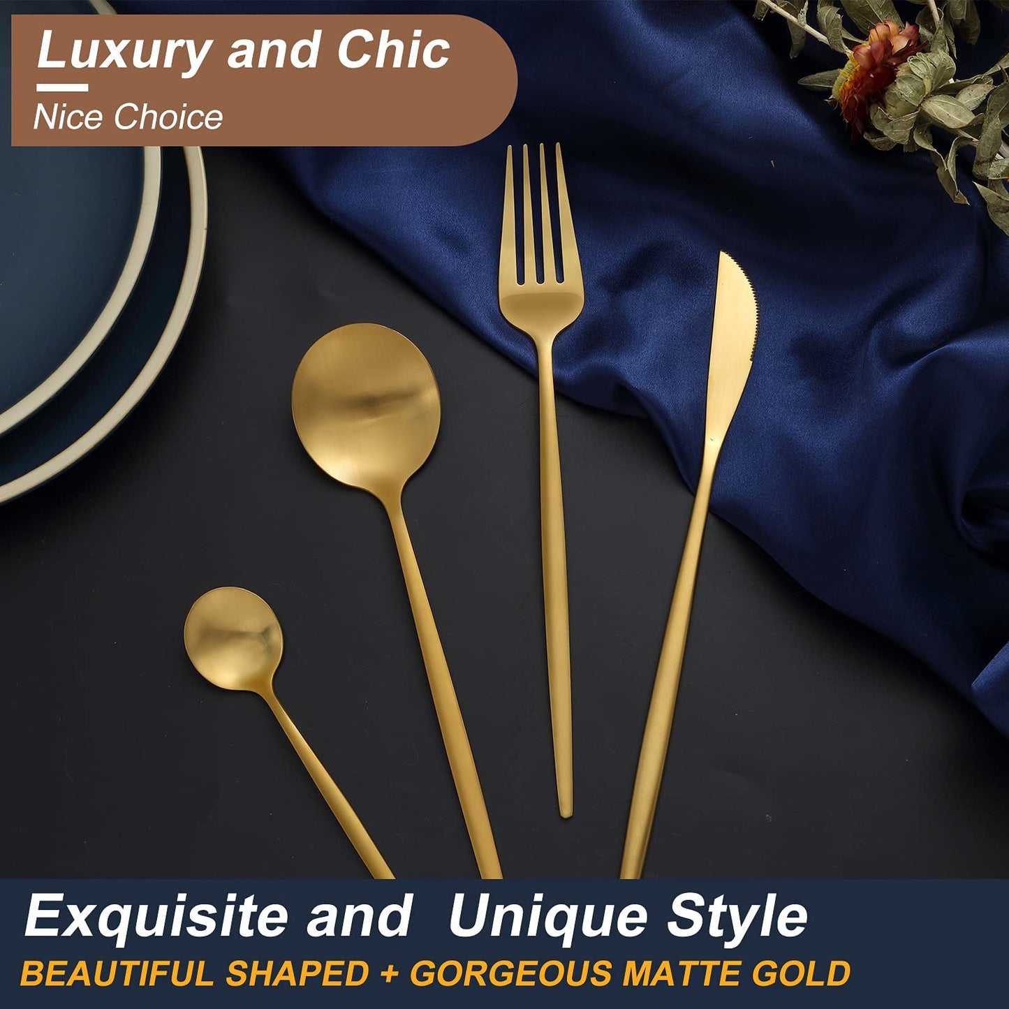 Matte Gold Cutlery Sets 32 Pieces, Bestdin Elegant Stainless Steel Cutlery Set, Kitchen Cutlery Set for 8 People, Suitable for Home/Party/Restaurant, Gold Titanium Coating and Dishwasher Safe