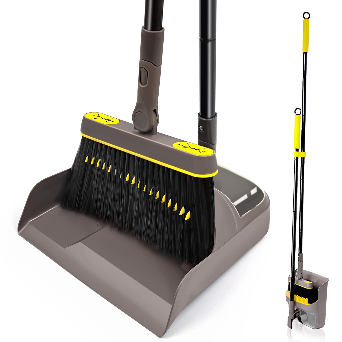 JEHONN Dustpan and Brush Set with 138 CM Long Handle, Tall Sweeping Broom with 180 Degree Swivel Head, Unique Garden Dust Pan with Comb Teeth for Indoor Outdoor Home Lobby Kitchen Office Room Brown Yellow