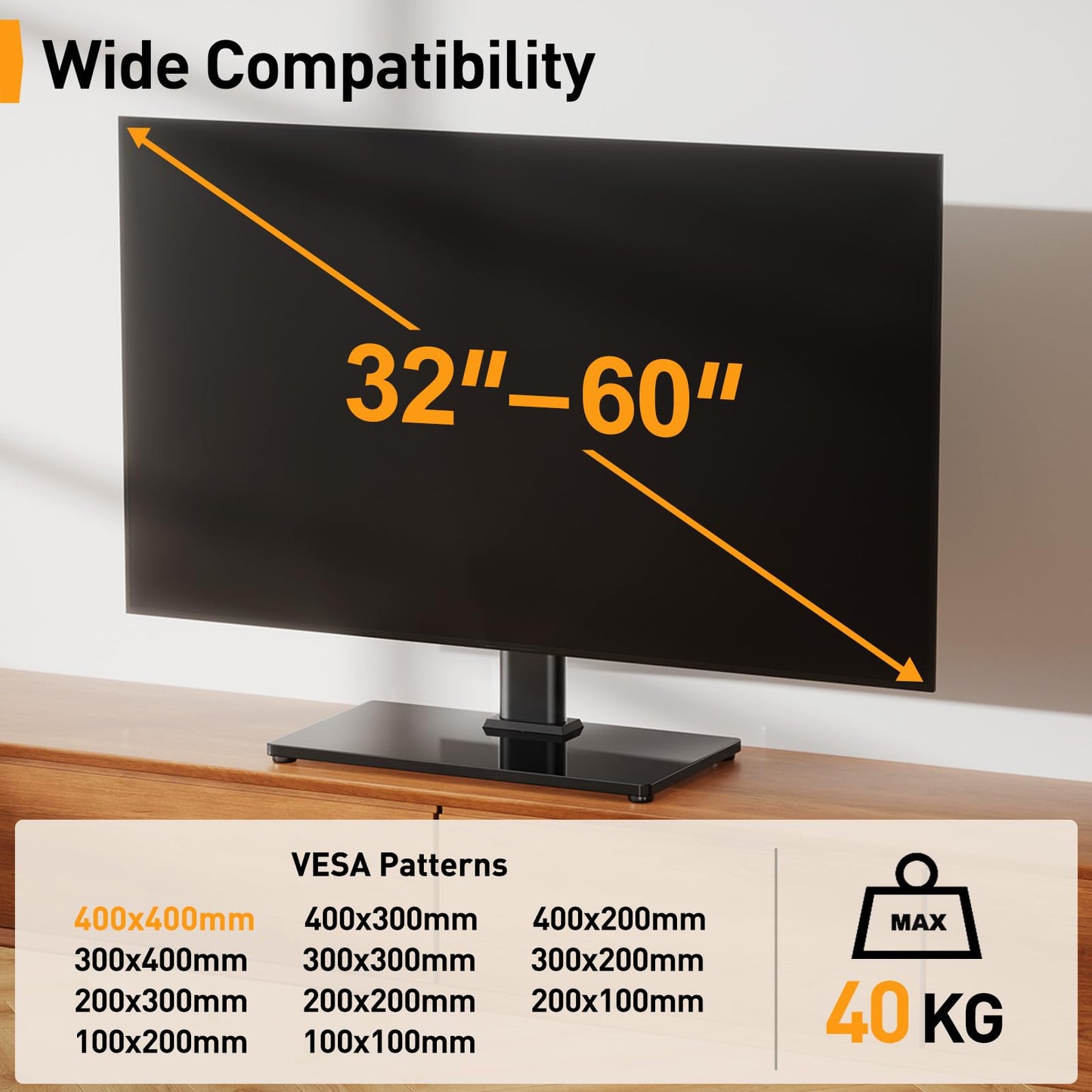 Universal Swivel TV Stand - Table Top TV Stand for 32-60 inch LCD LED TVs - Height Adjustable TV Base Stand with Tempered Glass Base & Wire Management, Holds 40 KG & Max.VESA 400x400mm