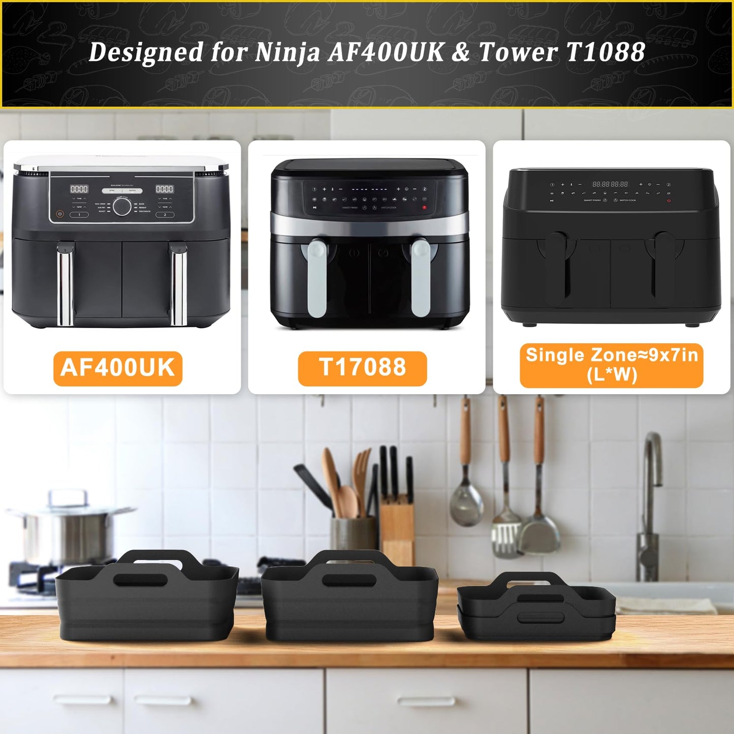 Tuuyee Foldable Silicone Liners for Ninja Dual AF400UK, AF451UK & Tower T17088, Large Silicone Liners for Ninja Dual Air Fryer Accessories (Black) Black