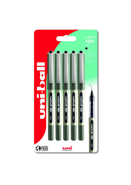 uni-ball Eye UB-157 Black Rollerball Pens. Premium Fine 0.7mm Ballpoint Tip for Super Smooth Handwriting, Drawing, Art, Crafts and Colouring. Fade and Water Resistant Liquid Uni Super Ink. Pack of 5 5 Fine 0.7mm Black