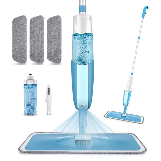 Spray Floor Mop, PAPCLEAN Microfibre Spray Mop with 3 Reusable Pads and 410ML Refillable Bottle, 360 Degree Spin Mop Suitable for Hardwood, Marble, Tile, Laminate, or Ceramic Floors - Cyan Blue