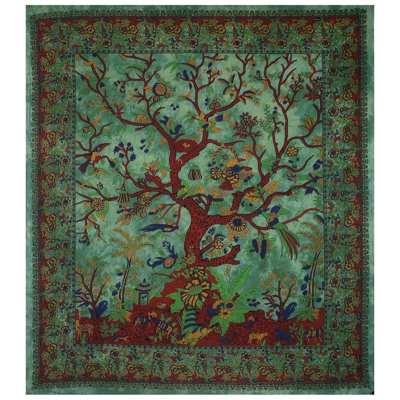 THE ART BOX Tapestry Green Tree of Life Wall Hanging Psychedelic Tapestries Indian Cotton King Bedspread Picnic Sheet Wall Decor Blanket Wall Art Hippie Bedroom Décor (King, 90x105 Inch) 90.00" x 105.00"