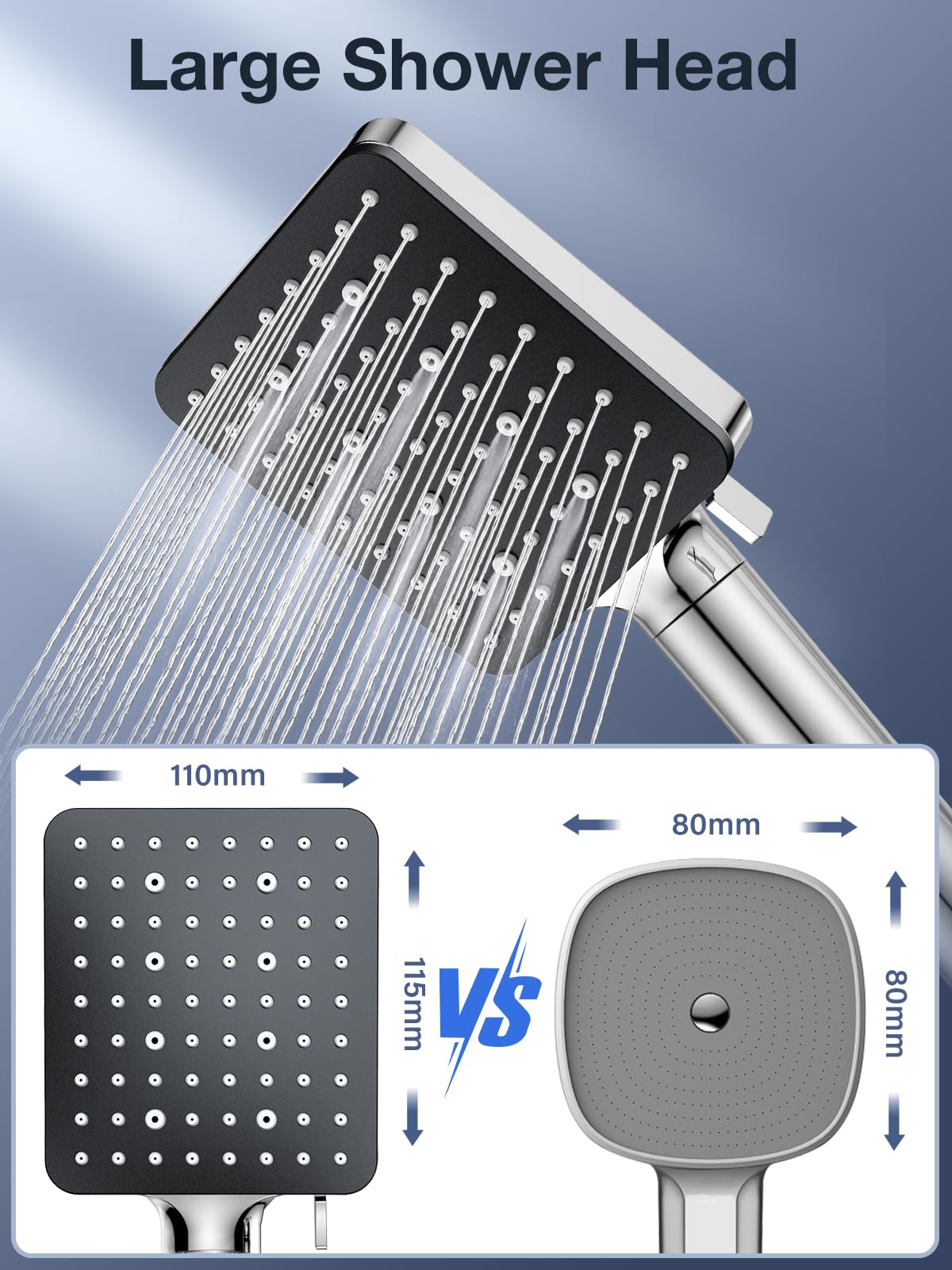 Shower Head, YEAUPE PRO Shower Head and Hose 1.6M,Shower Head Filter,Square High Pressure Shower Heads with 6 Jet Modes,Large Powerful Flow Rainfall Showerhead for Low Pressure Hard Water,Chrome Shower Head with Hose