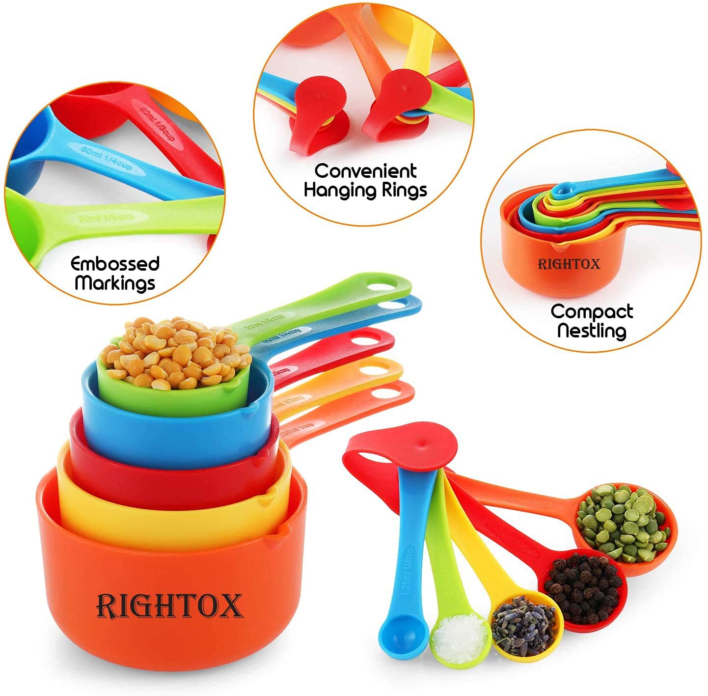 Rightox Measuring Cups and Spoons Food Graded Plastic Stackable Kitchen Utensil Set of 10 Multicolour 10 Pieces