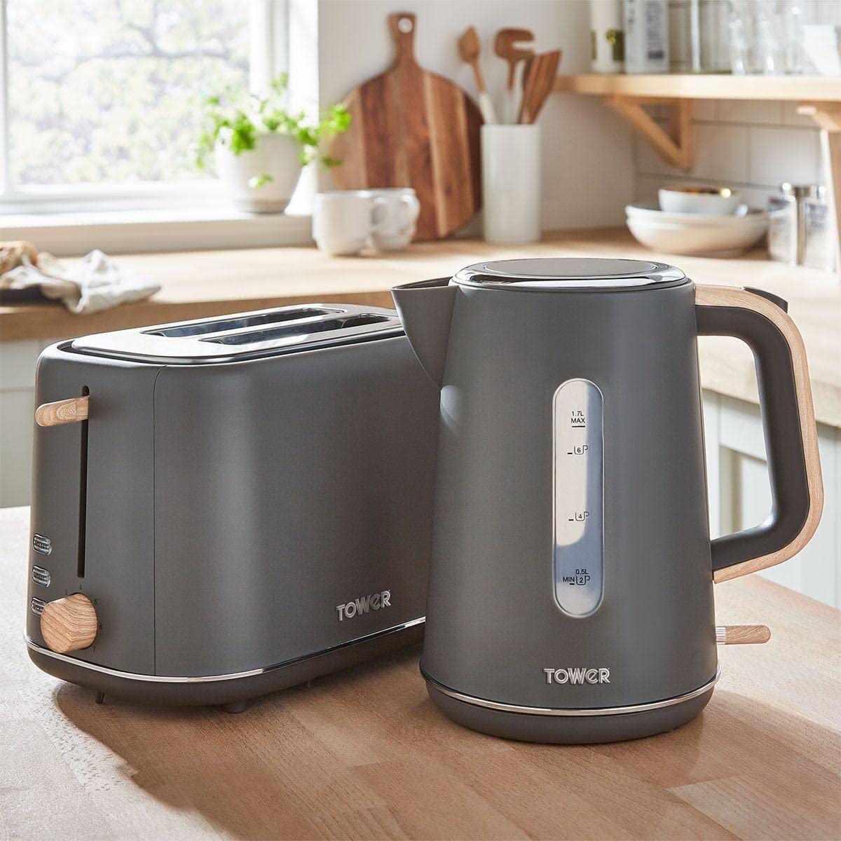 Tower Scandi T10037G Hard Plastic Kettle with Rapid Boil and Boil Dry Protection, 1.7L, 3kW, Grey with Wood Accents