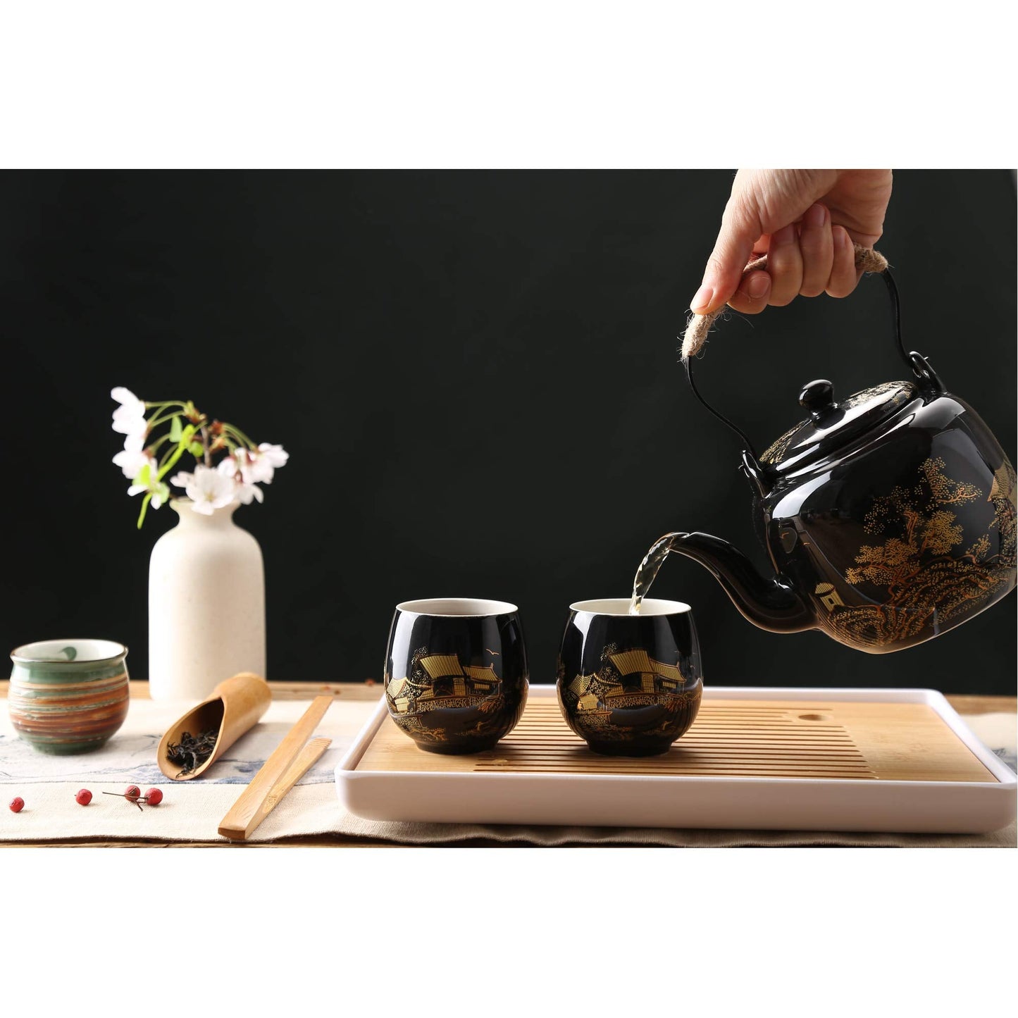 Dujust Japanese Tea Set, Black Porcelain Tea Set with 1 Teapot Set, 6 Tea Cups, 1 Tea Tray, 1 Stainless Infuser, Beautiful Asian Tea Set for Tea Lover/Women/Men (Countryside in Golden) - Black