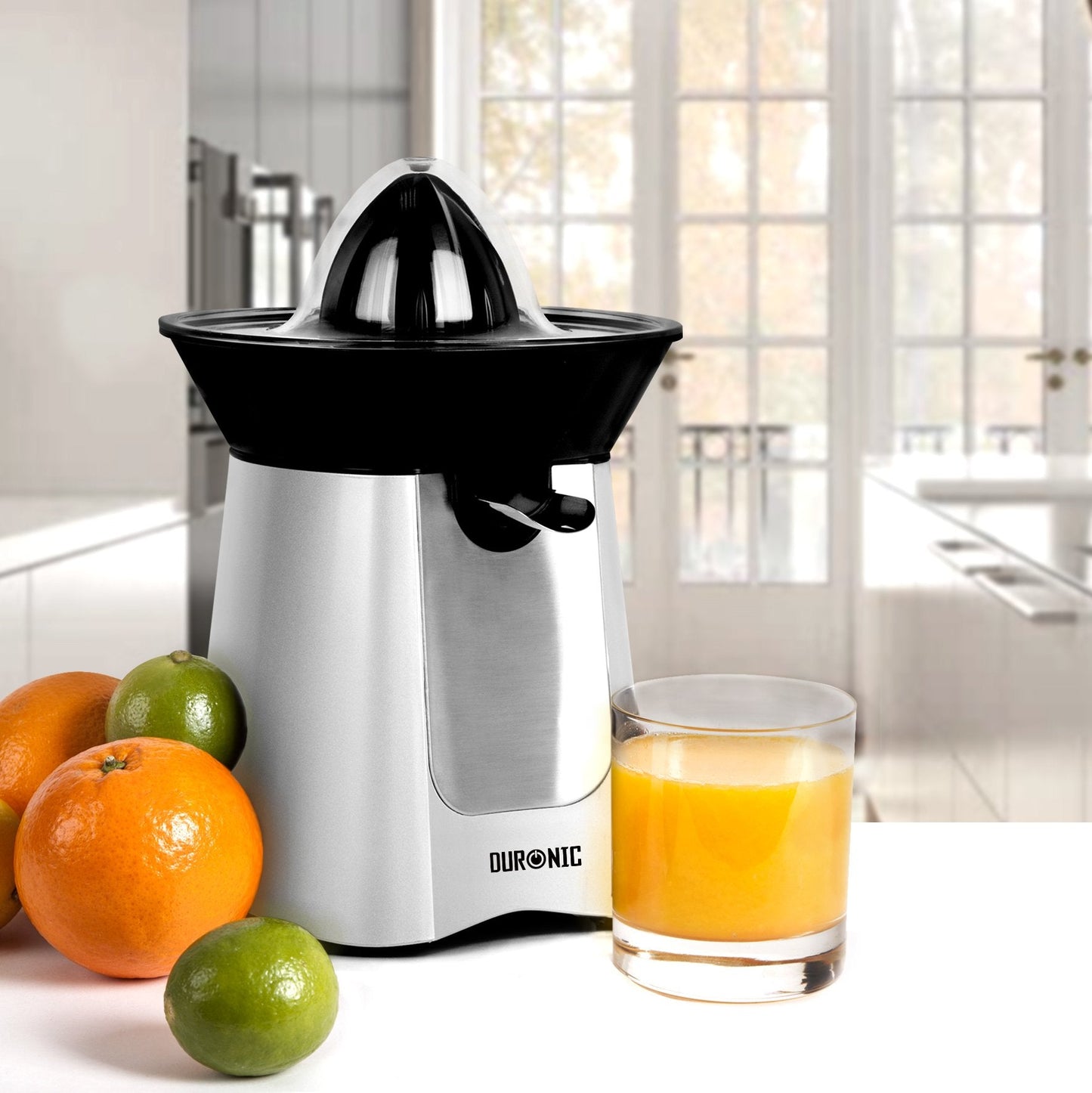 Duronic Electric Citrus Juicer JE6SR Fruit Juice Press Extractor 100W Motor Silver and Stainless-Steel 2 Cone Oranges Lemons Squeezer Machine JE6SR 100 Watt