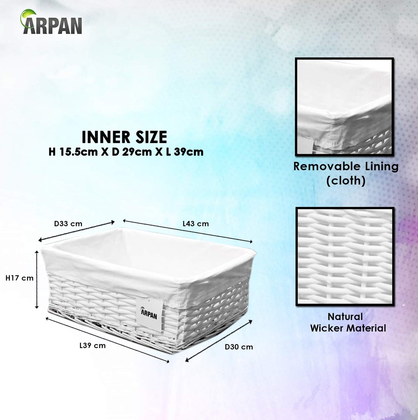 2 x 100% Eco-Friendly White Wicker Storage Basket with Cloth by Arpan (Large- W43xD32xH16cm) Large- W43xD32xH16cm