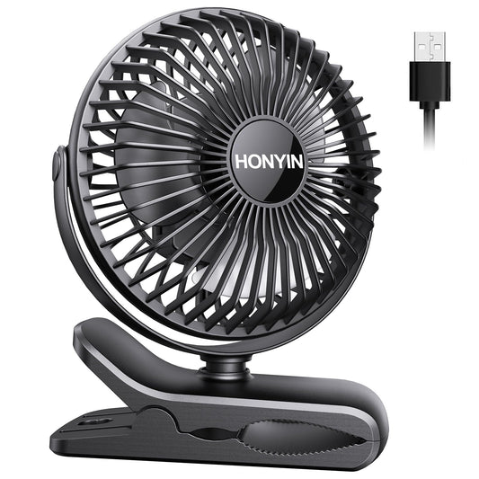 HONYIN Mini USB Clip Fan, Clip and Desk Personal Fan with Sturdy Clamp, 720° Rotation, Desktop Table Cooling Fan by USB Plug In, for Home, Office and Desk Black