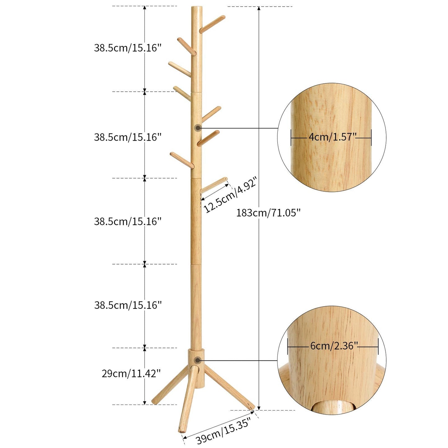 IBUYKE Wood Coat Rack Free Standing, Entryway Hall Tree Coat Tree, Adjustable Coat Tree with 8 Hooks, for Home or Office Clothes, Scarves, Handbags, Natural Color RF-1193 Trois pattes