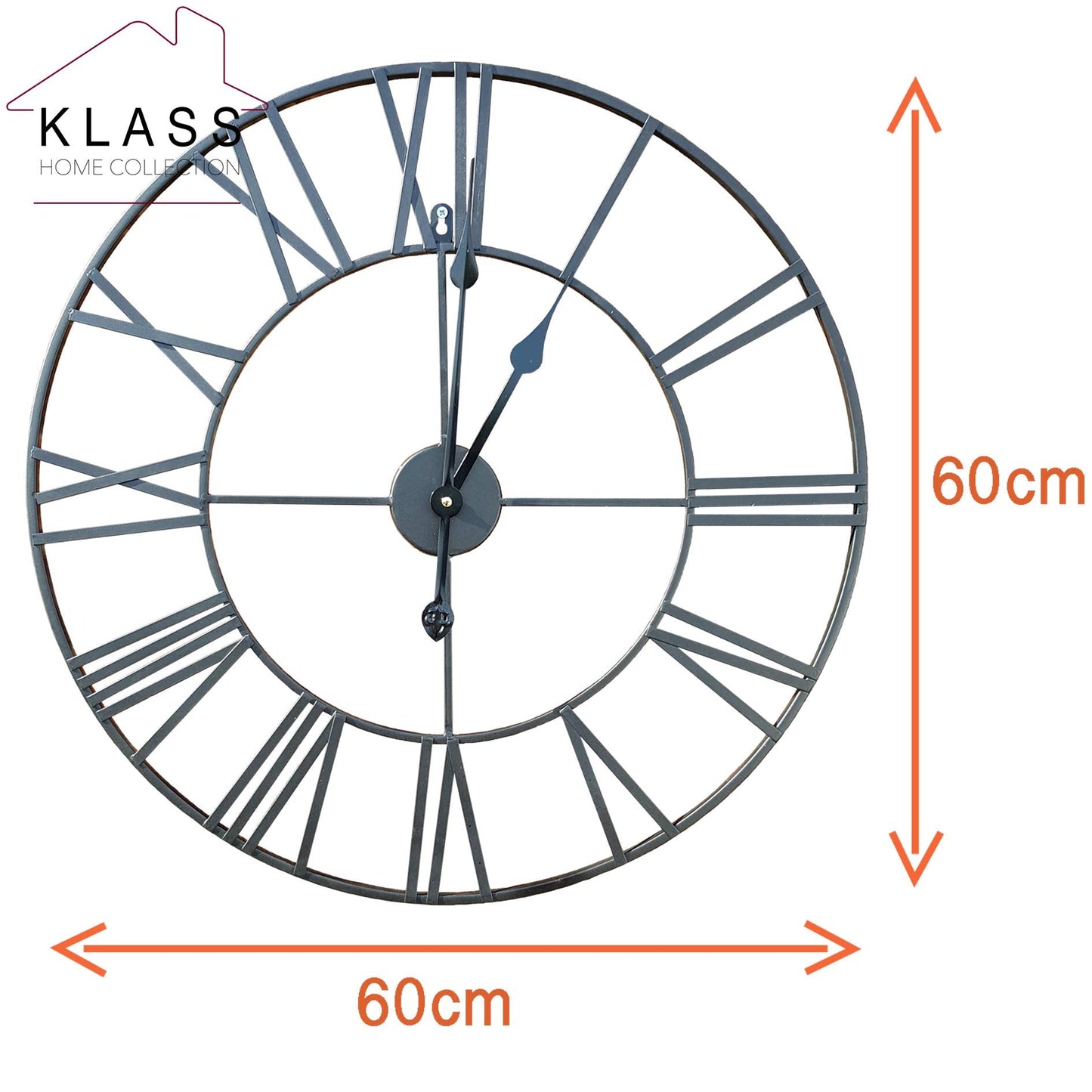 Klass Home 60cm Black Metal Large Wall Clock INDOOR/OUTDOOR Wall Clock | Silent Non-Ticking Roman Numerals Clocks For Living Room | Bedroom Kitchen Clock | Outdoor Clock | Garden Clock | Home Decor