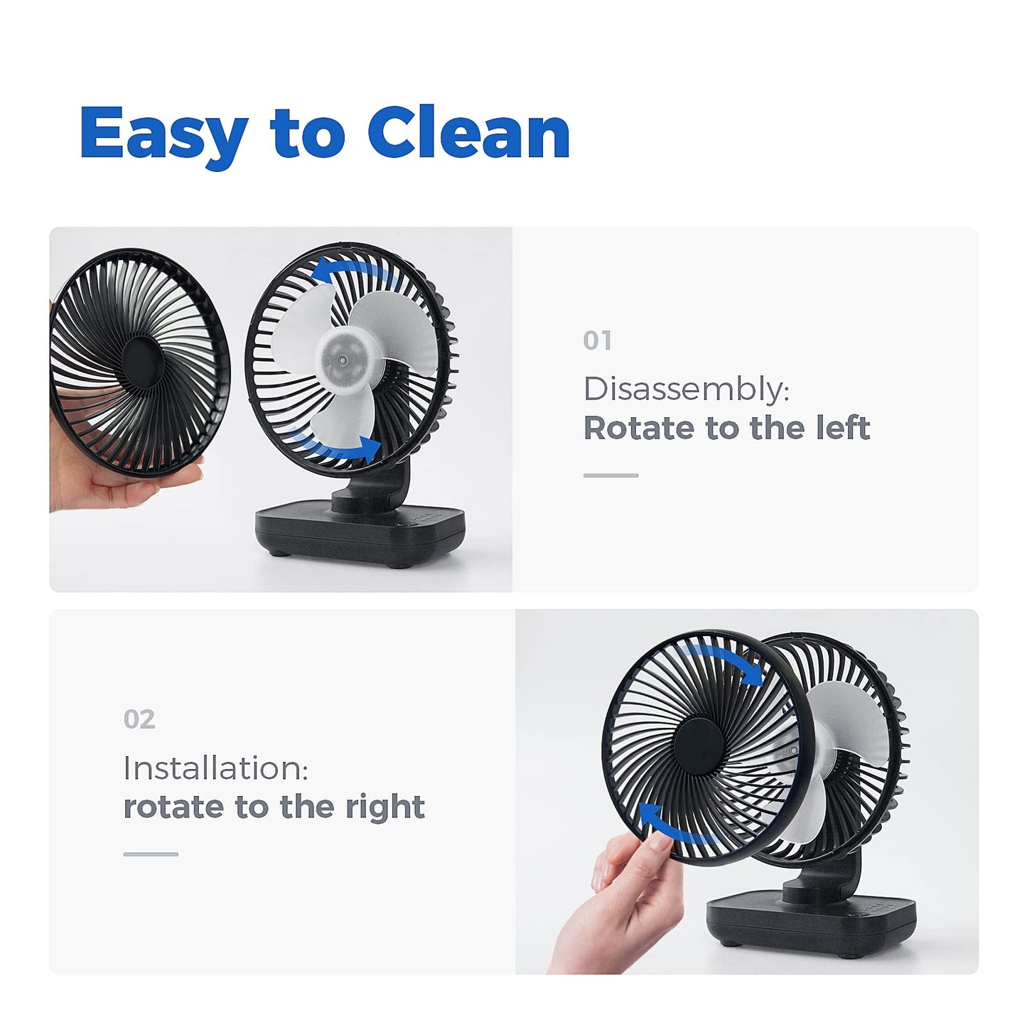 USB Desk Fan, 4000mAh Rechargeable Battery Operated, Table Fan 4 Speeds, 5inch Mini Portable Fan, with Strong Airflow Quiet Operation, Electricity Display, Easy to Disassemble, Desktop Fan White Blue