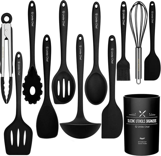 12 PCS Silicone Kitchen Cooking Utensil Set, Heat Resistan BPA-Free Kitchen Utensils, Umite Chef Nonstick Cookware with Spatula, Kitchen Tool Gadget with Holder, Kitchen Tool Gift (Black)