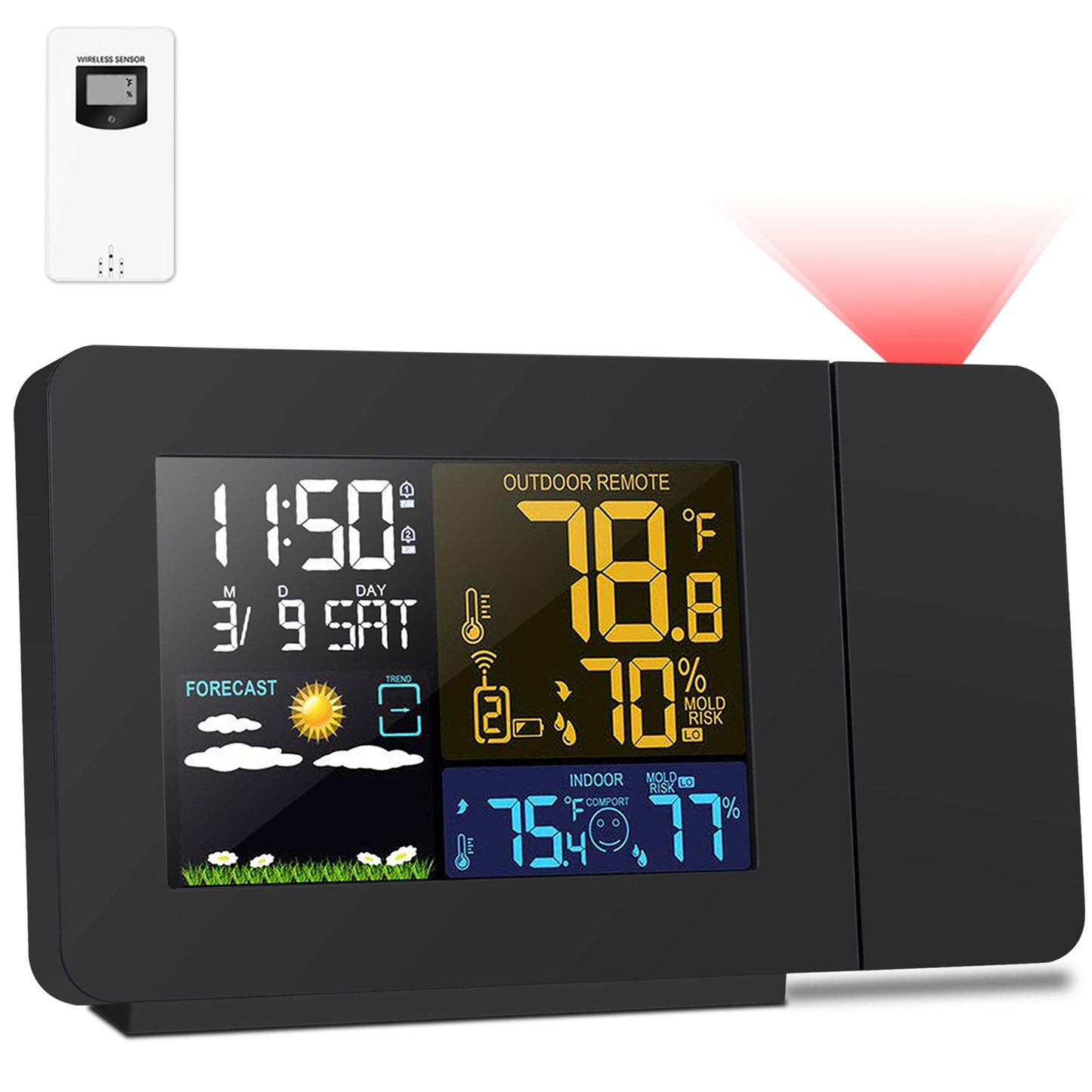 Radio Control(Official 2023MSF UK Version)Kalawen Projection Alarm Clock with Outdoor Sensor,Weather Station for Bedroom,Projector Dimmable Clock Dual Alarms LCD Display Temperature Humidity Date Time Black