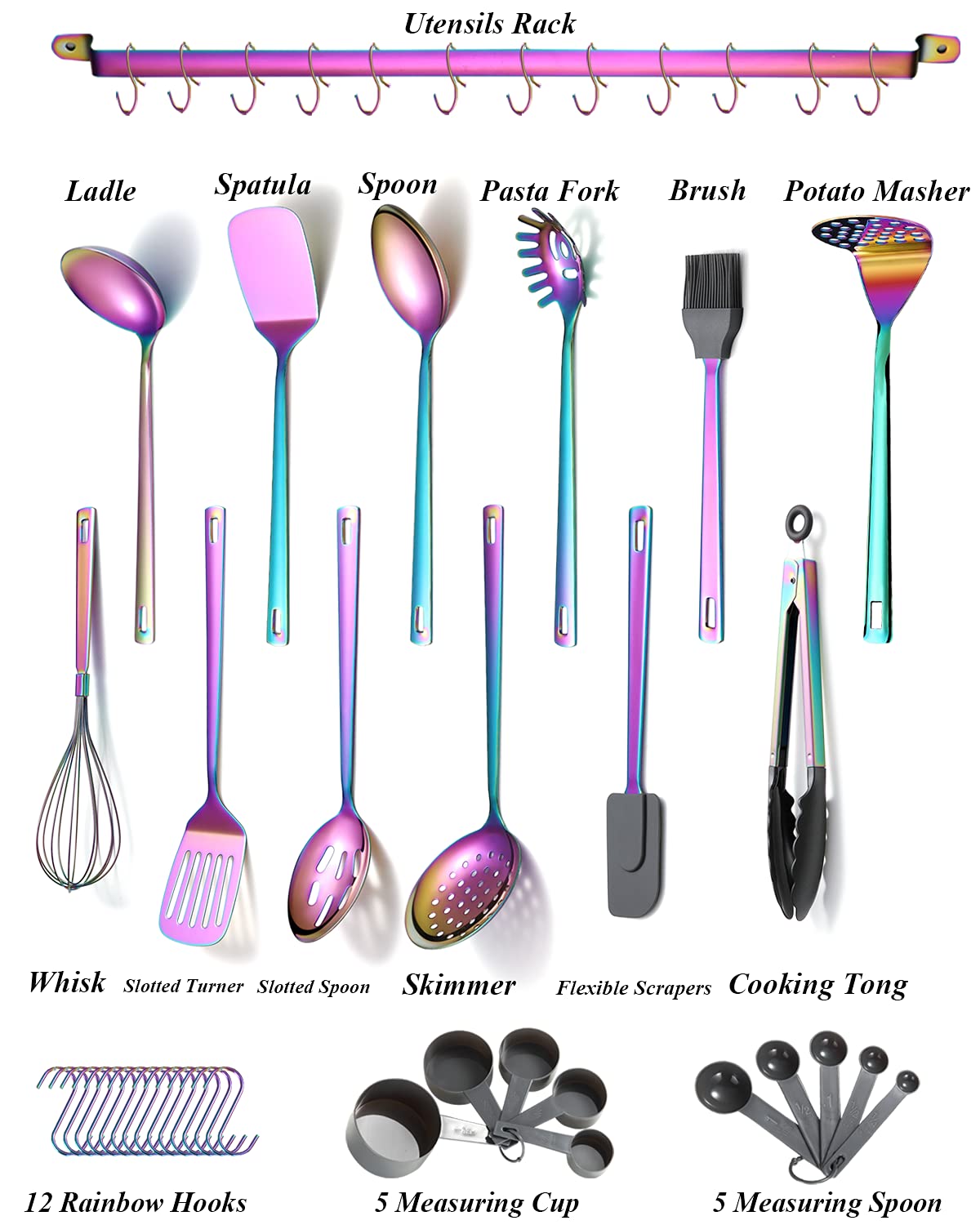 Rainbow Cooking Utensils Set,Kyraton Stainless Steel 37 Pieces Kitchen Utensils Set with Titanium Colorful Plating,Kitchen Gadgets Cookware, Kitchen Tool Set with Utensil Holder, Dishwasher Safe 3.37 Piece Rainbow Set