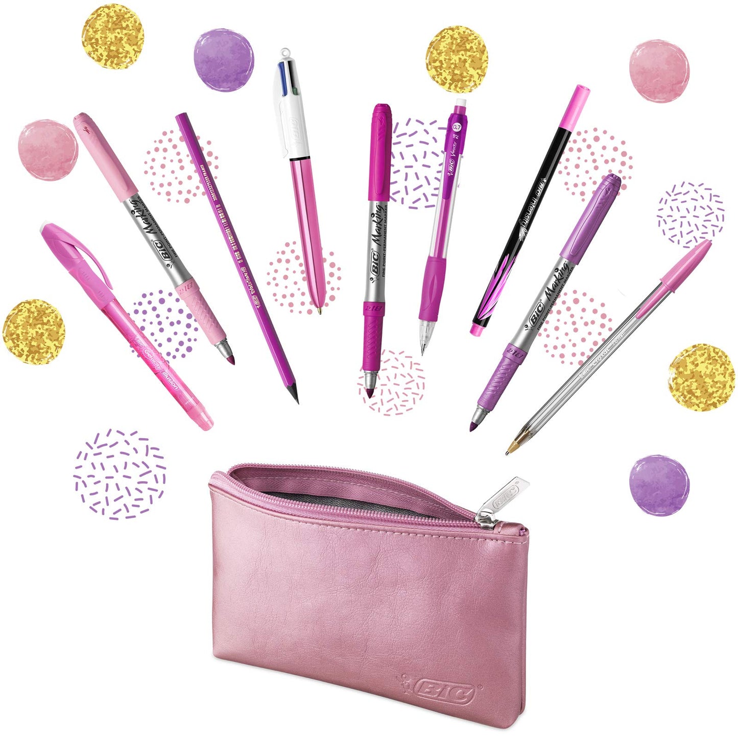 BIC Pink & Purple Set - 1 Pencil Case, 2 Ball Pens/1 Erasable Gel Pen/1 Graphite Pencil with Eraser/1 Writing Felt Pen/3 Permanent Markers/1 Mechanical Pencil Single