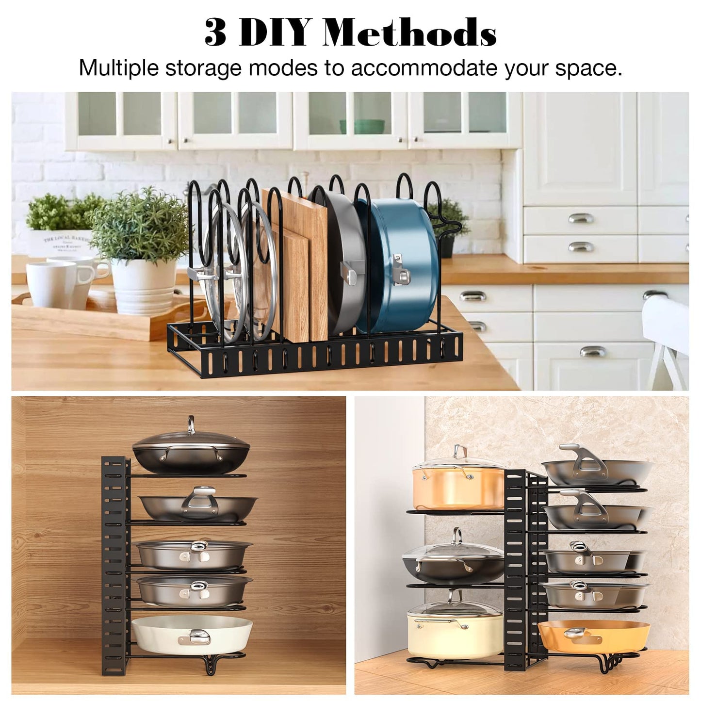 Housolution Pan Organiser for Kitchen Cupboard, Pot and Pan Stand Rack with 8 Adjustable Non-slip Dividers, Saucepan Storage Organiser Rack with 2 DIY Methods Vertical,black