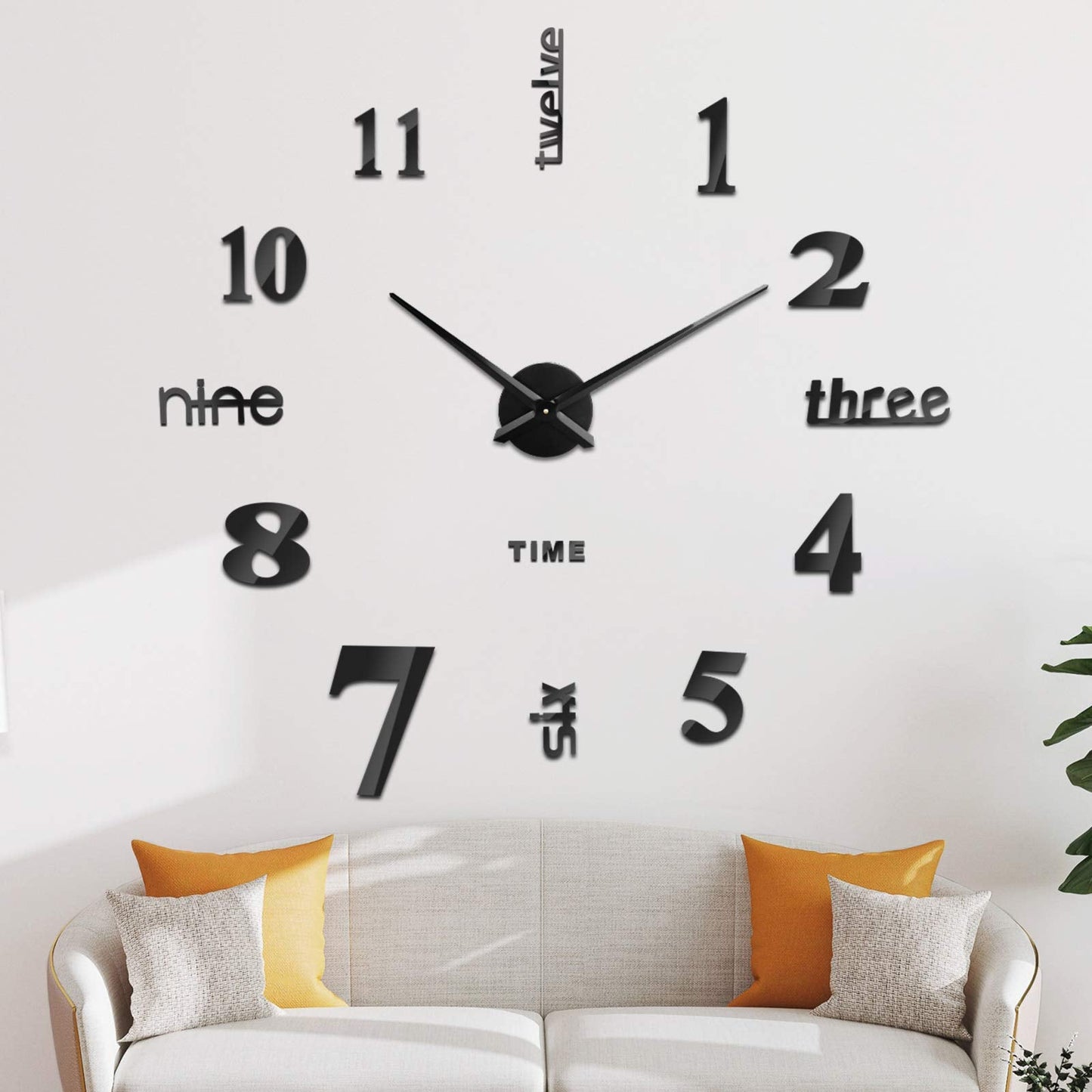 SOLEDI Wall Clock Frameless DIY 3D Wall Clock Large Wall Clocks for Living Room Modern Stick on Wall Clock, Black