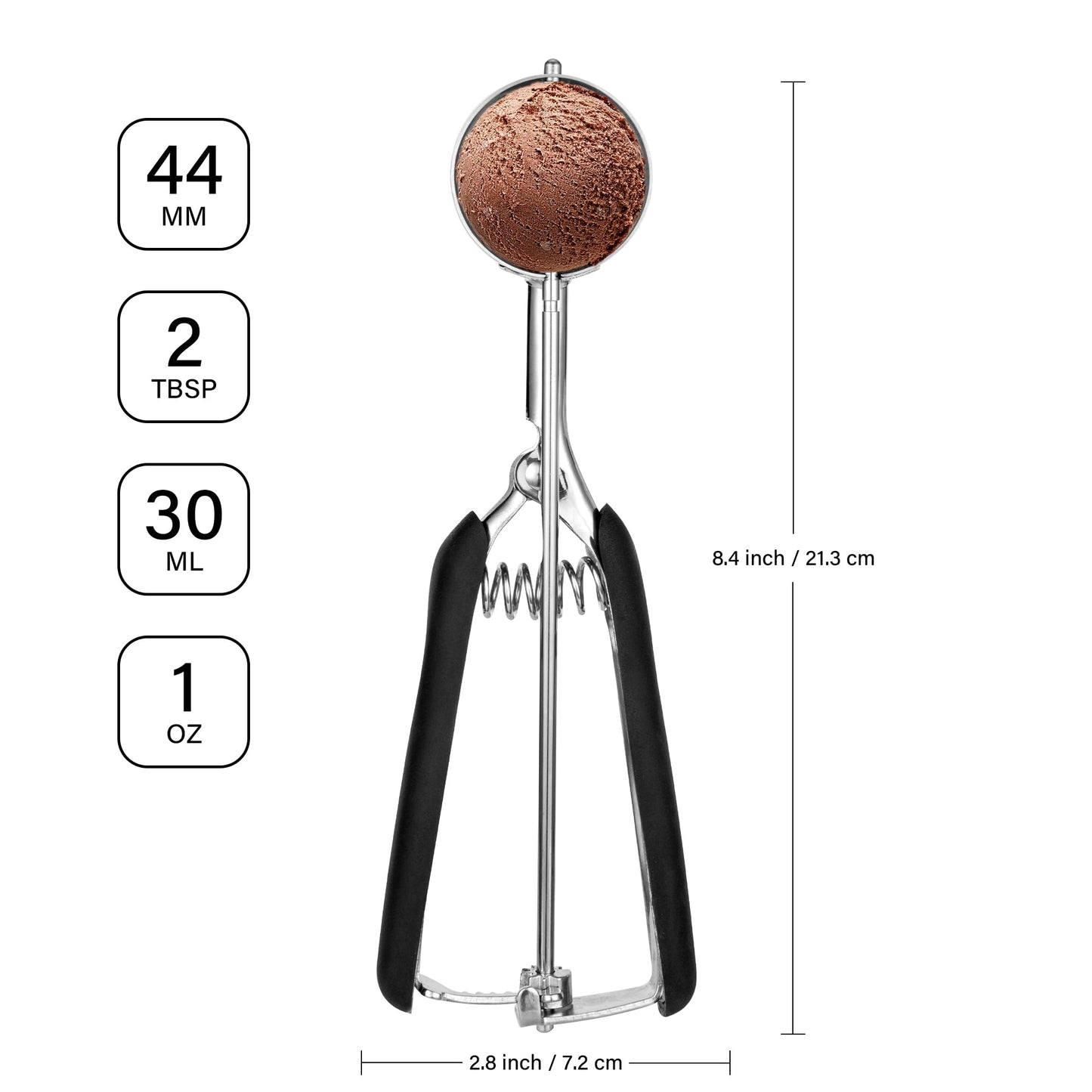 Ice Cream Scoop 2 Tbsp / 4,4cm, TJ POP Stainless Steel Cookie Scoop 30ml with Easy Trigger Release Good Grips for Mashed Potato, Meatballs, Mellon Balls and Cookie 44mm