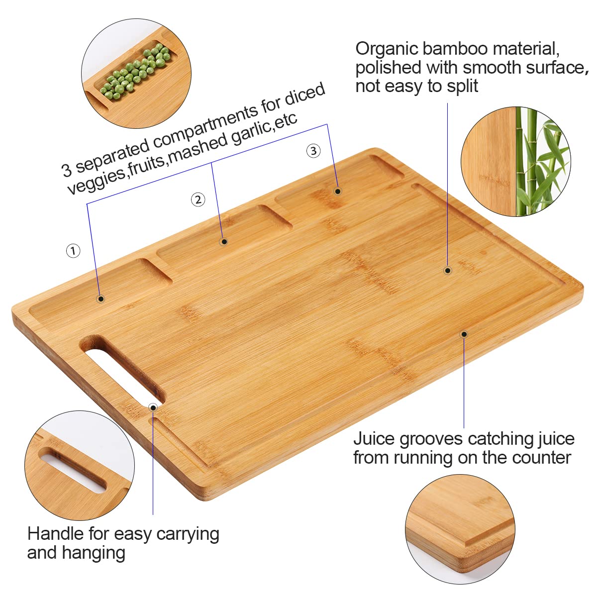 NIUXX Organic Bamboo Cutting Board for Kitchen, Reversible Chopping Board with 3 Built-in Compartments and Juice Grooves, Large Chopping Tray 43 x 32 x 2 cm, Meats Vegetable Bread Fruits Board L (43 x 32 x 2 cm)