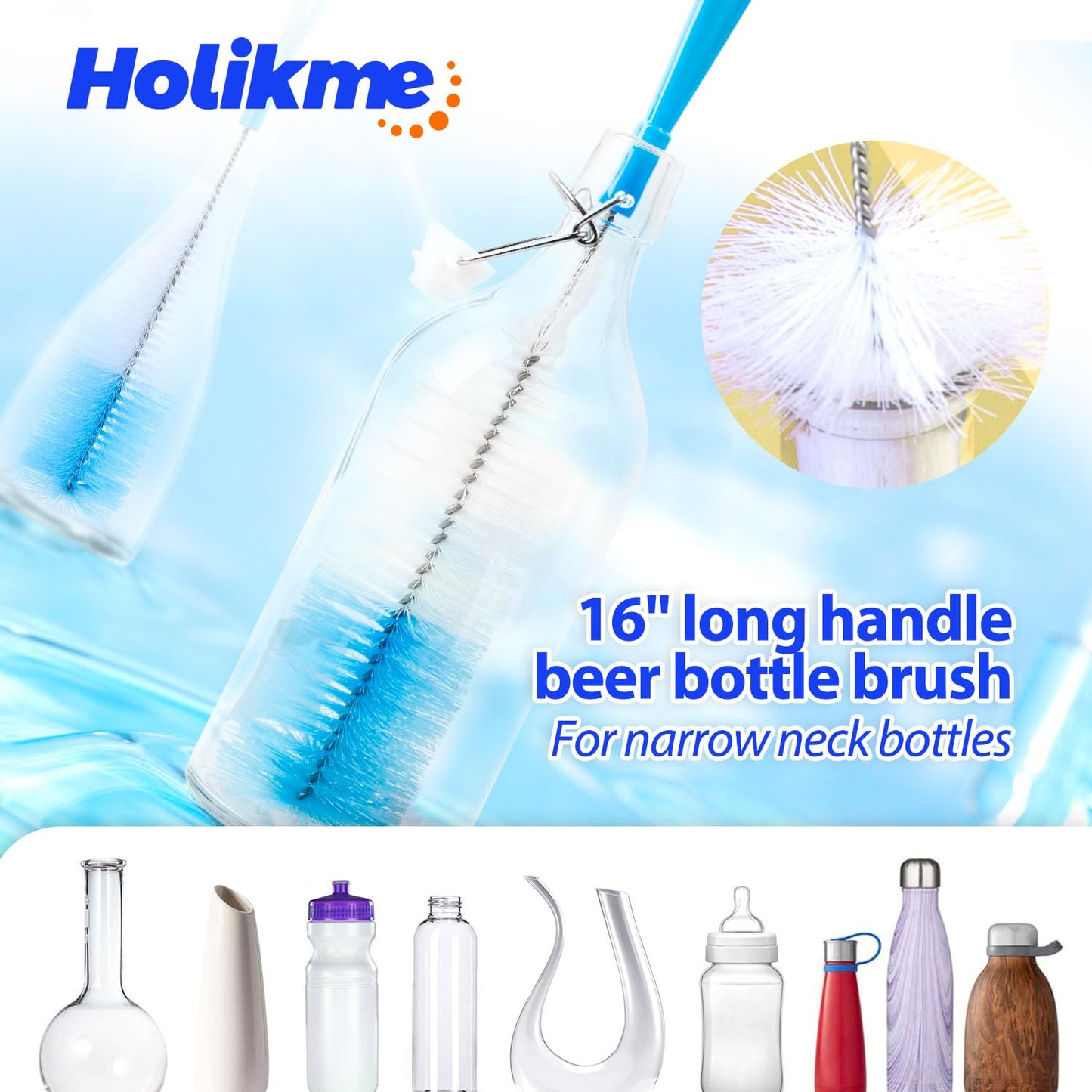 Holikme 8Pcs Bottle Cleaning Brush Set, Long Handle Bottle Cleaner for Washing Narrow Neck Beer Bottles, Wine Decanter, Narrow Cup, Pipes, Hydro Flask Tumbler, Sinks, Cup Cover Coffee