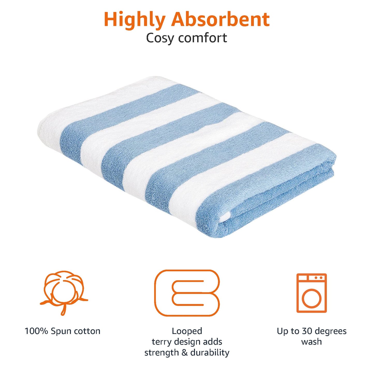 Amazon Basics Cabana Stripe Pack of 1 Beach Towel, Sky Blue, 152.4 cm x 76.2 cm