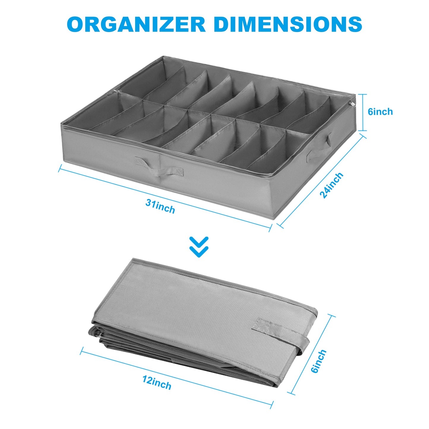 Under Bed Shoe Storage Organiser Set of 2, Fits 32 Pairs Total, Underbed Shoe Box/ Containers w/ Reinforced Handles, Clear Foldable Organiser Adjustable Dividers w/ Bottom Support Velcro 2 SHOES