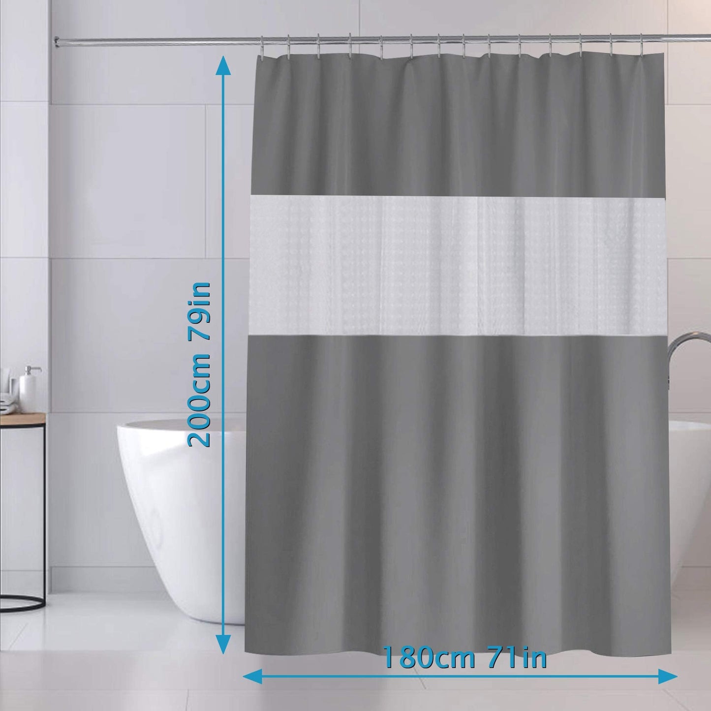 DUFU Shower Curtain Mould, 3D Clear ECO Shower Curtain Beige Waterproof & Washable,with 12 Rustproof Hooks, for Bath Tub and Shower Stall, 200 x 180 cm Gray